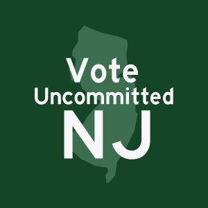 Green image with the state of New Jersey with white text: "Vote Uncommitted NJ"