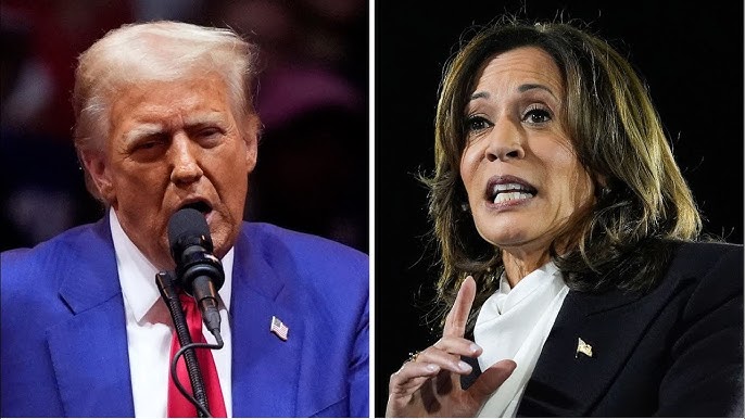 Trump and Harris, split screen